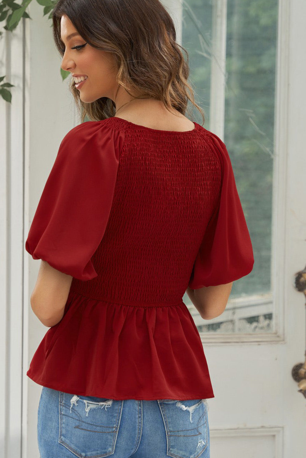 Reese - Peplum Dreams Smocked Balloon Sleeve Peplum Blouse
