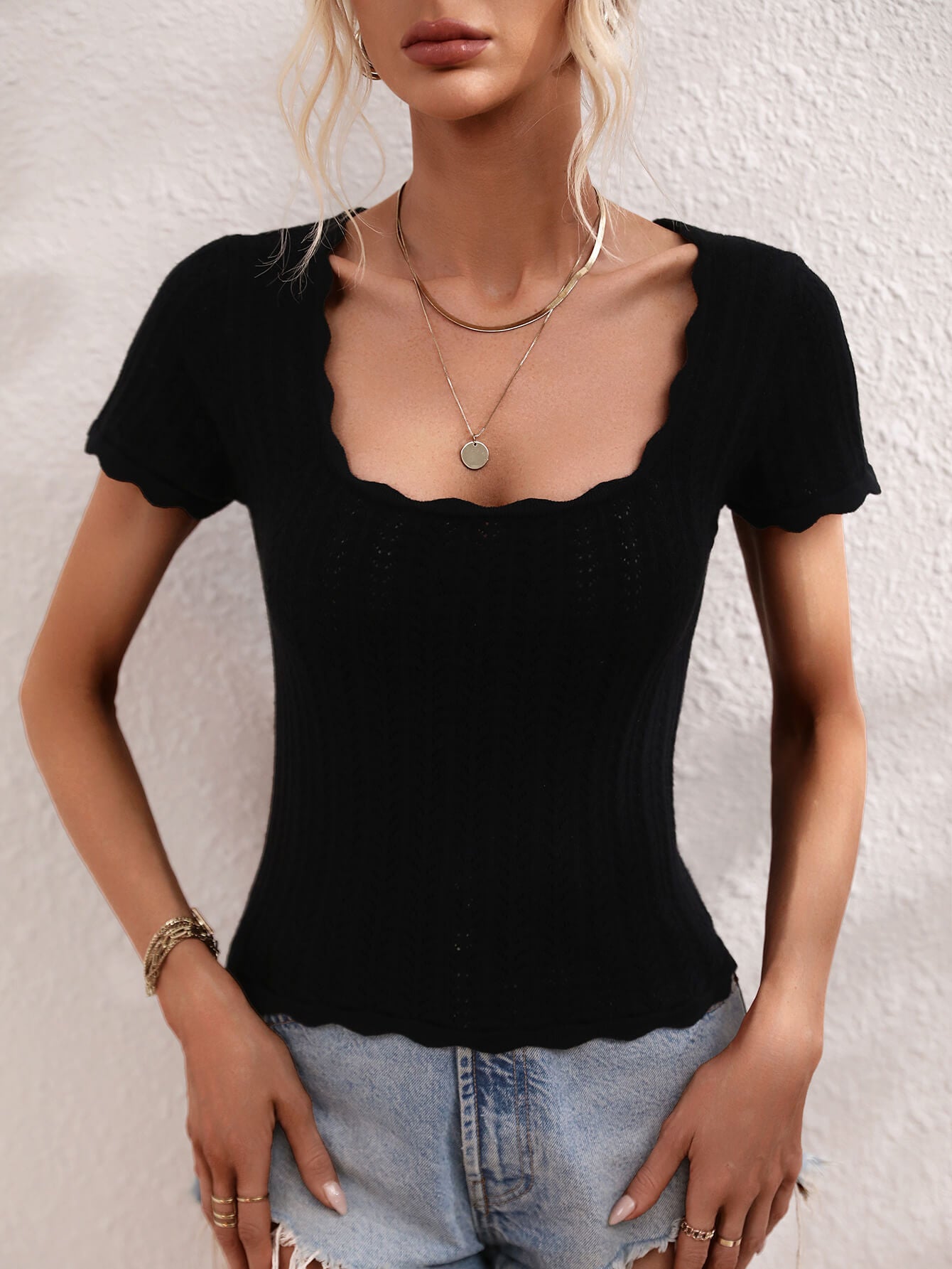 Antoinette - Scalloped Hem Square Neck Knit Top