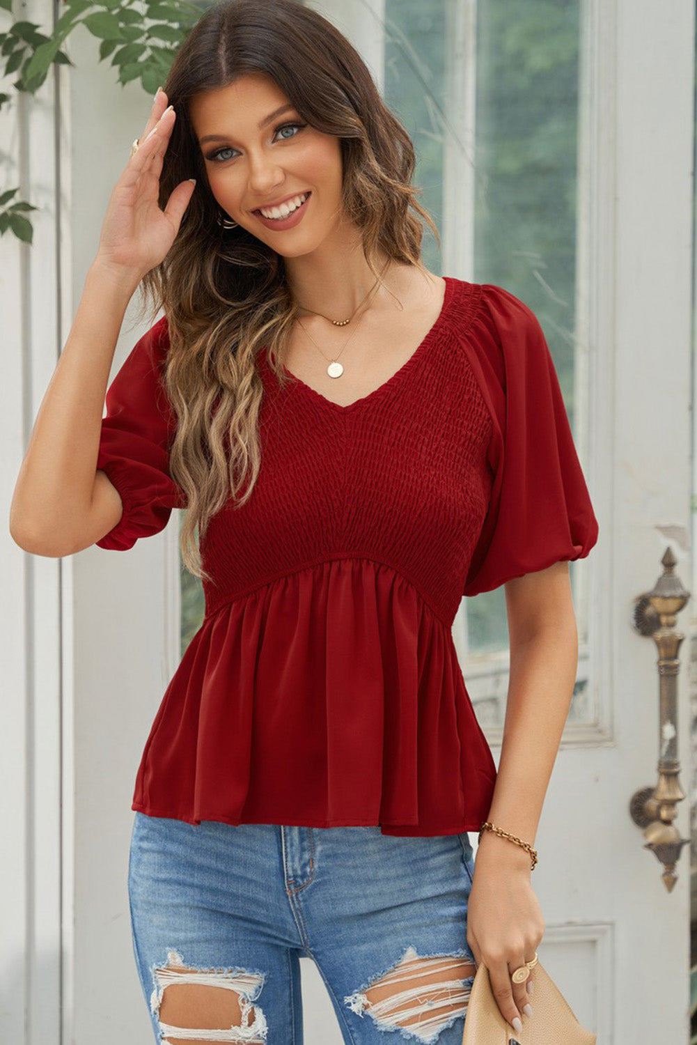 Reese - Peplum Dreams Smocked Balloon Sleeve Peplum Blouse
