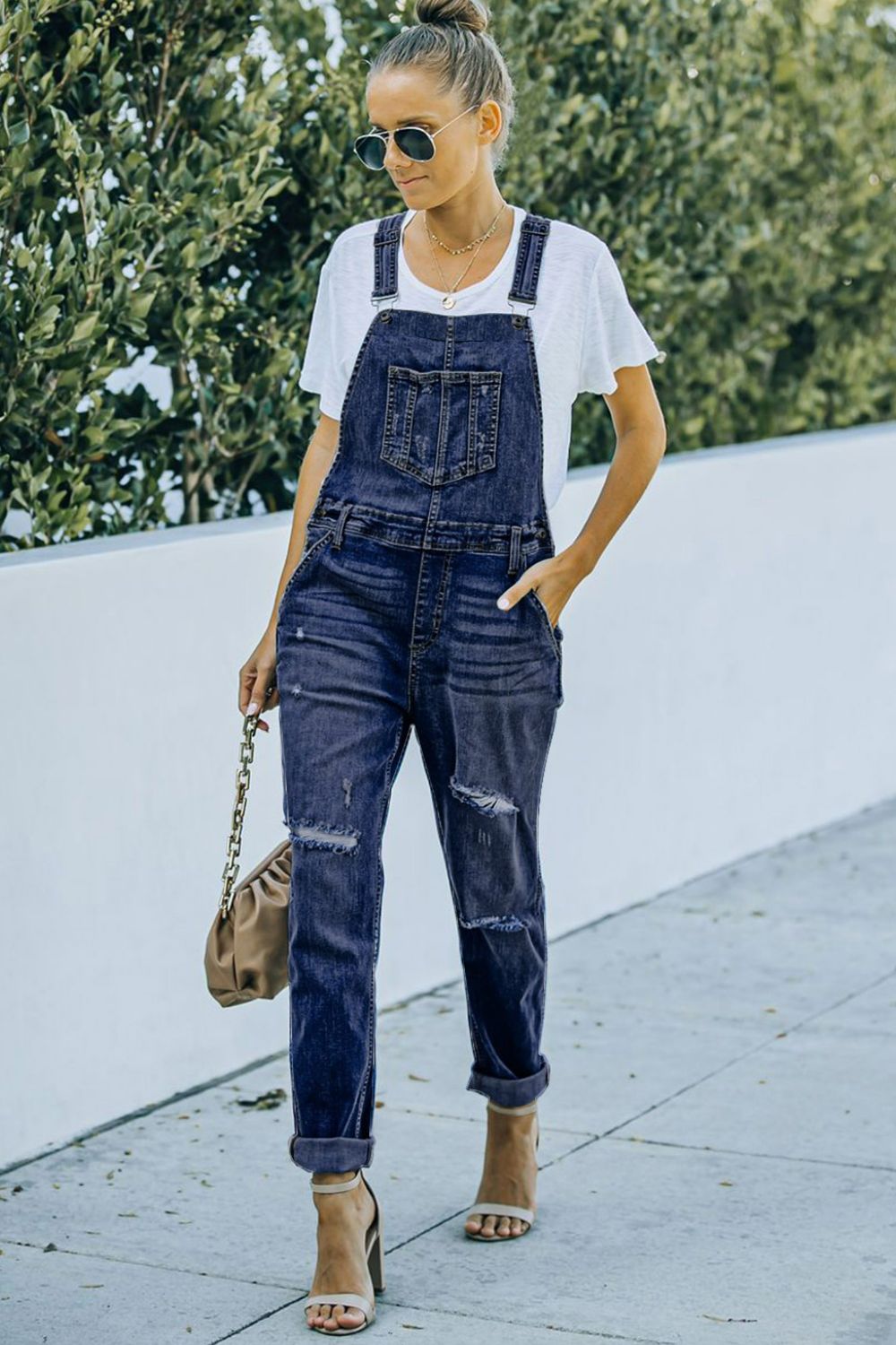 Vivian - Distressed Denim Overalls