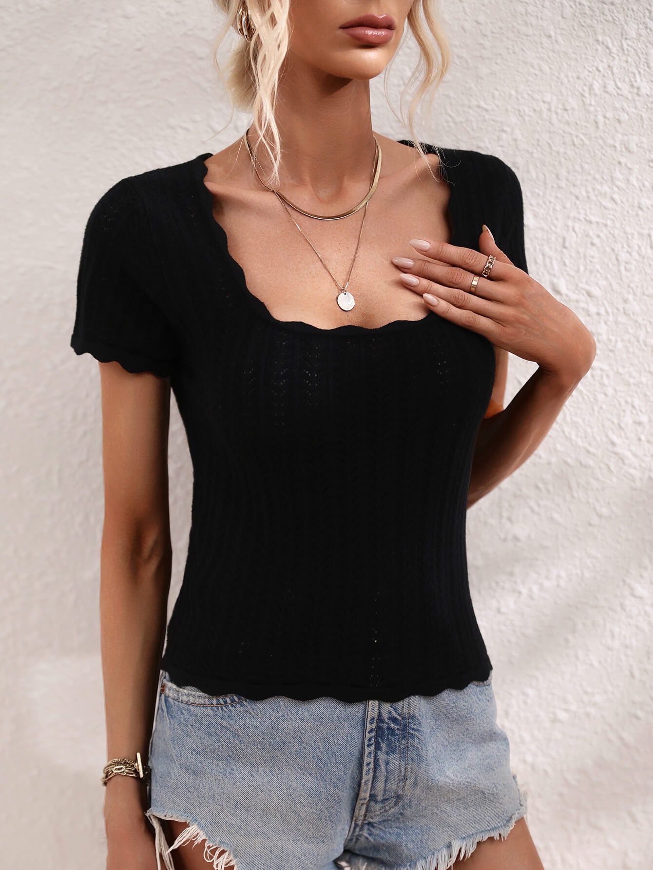 Antoinette - Scalloped Hem Square Neck Knit Top