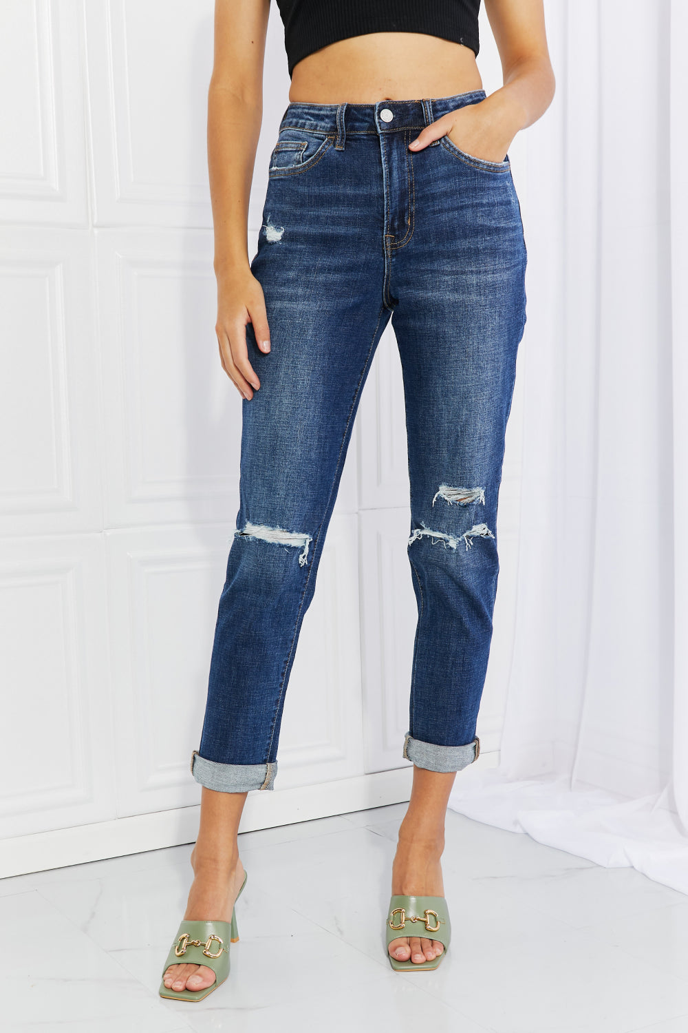 Cheri - Vervet by Flying Monkey Full Size Distressed Cropped Jeans with Pockets