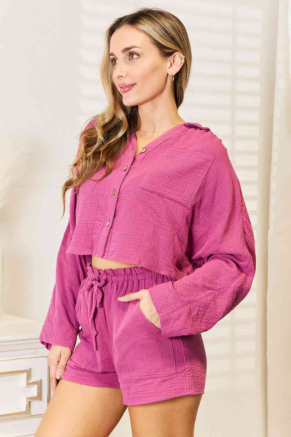Tessa - Buttoned Long Sleeve Top and Shorts Set