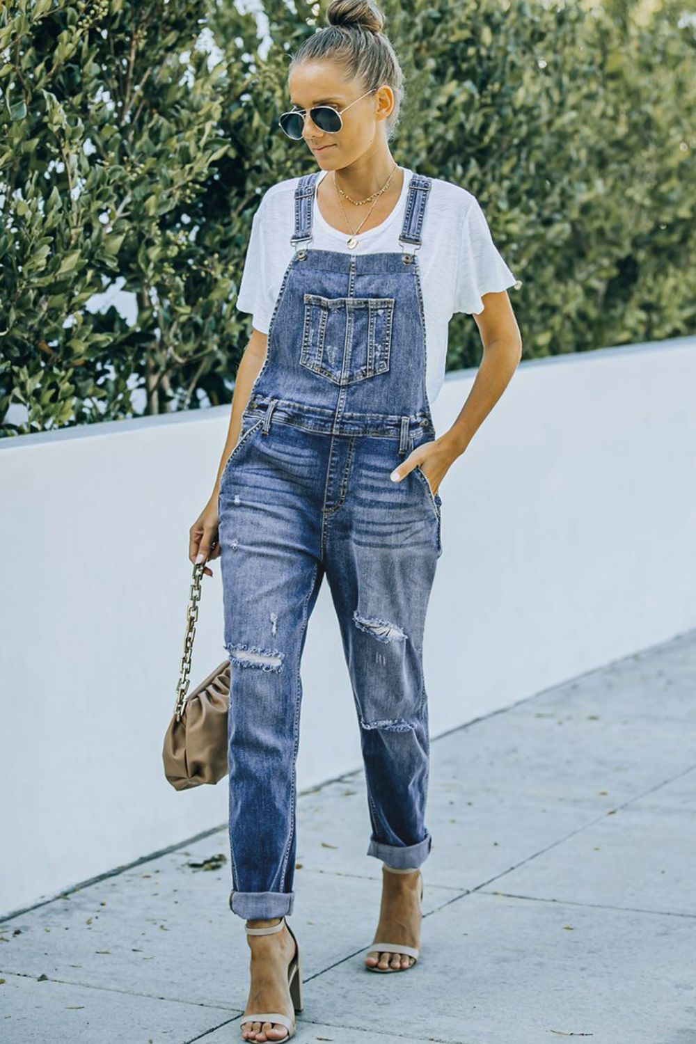 Vivian - Distressed Denim Overalls
