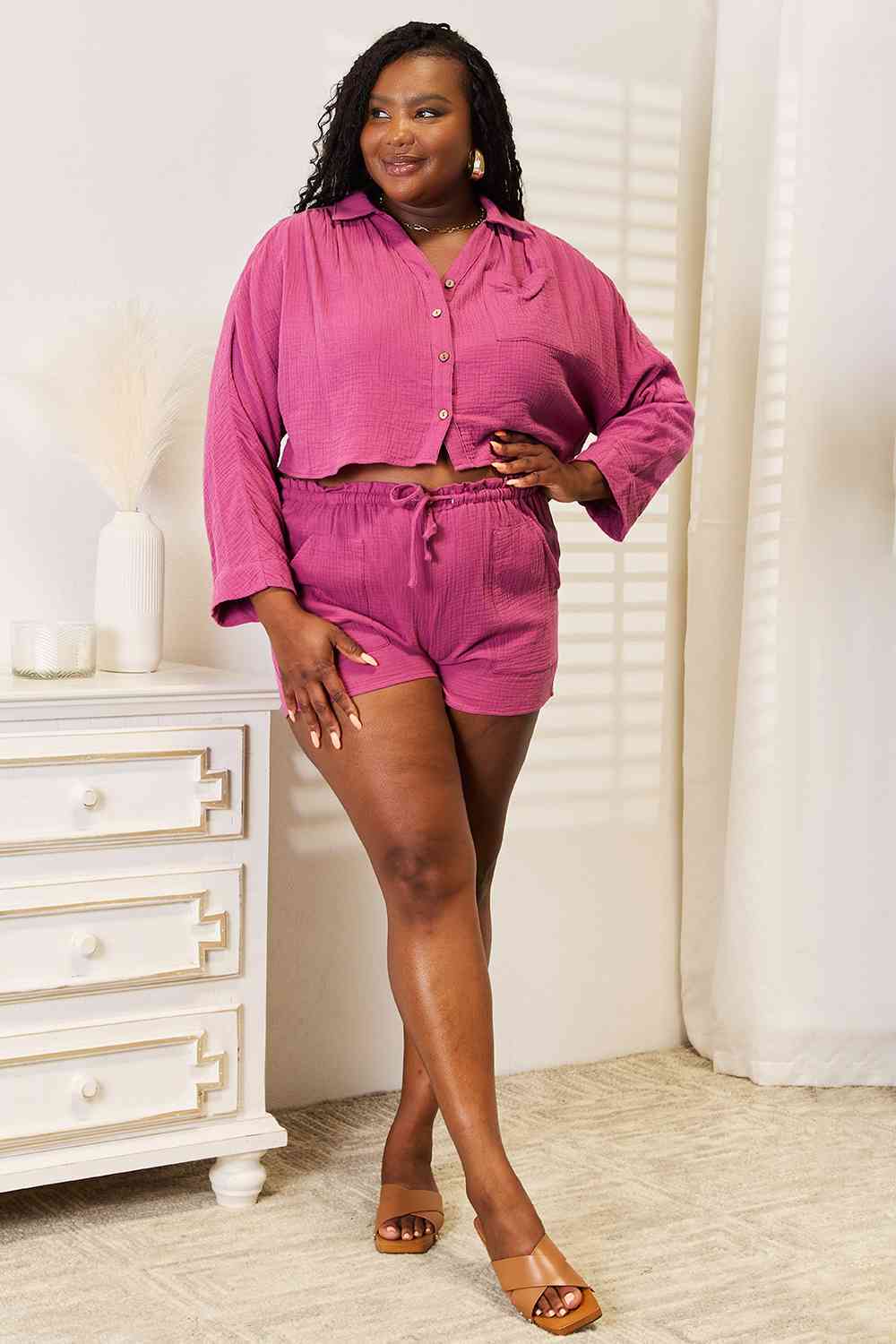 Tessa - Buttoned Long Sleeve Top and Shorts Set