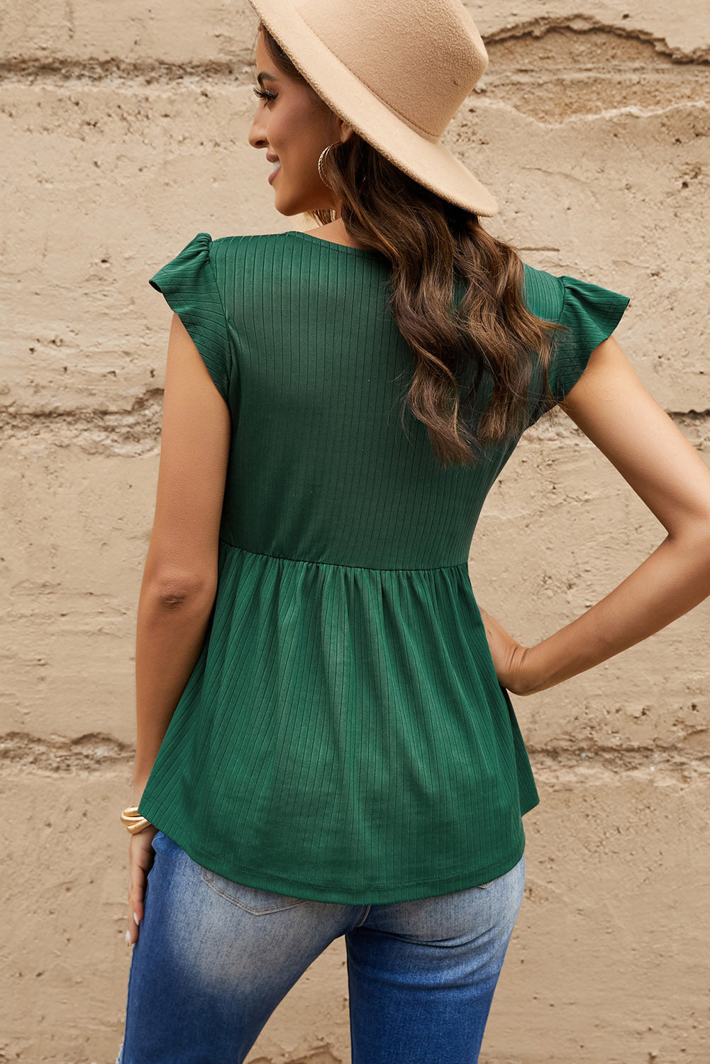 Margot - Ribbed Ruffle Sleeve Peplum Top