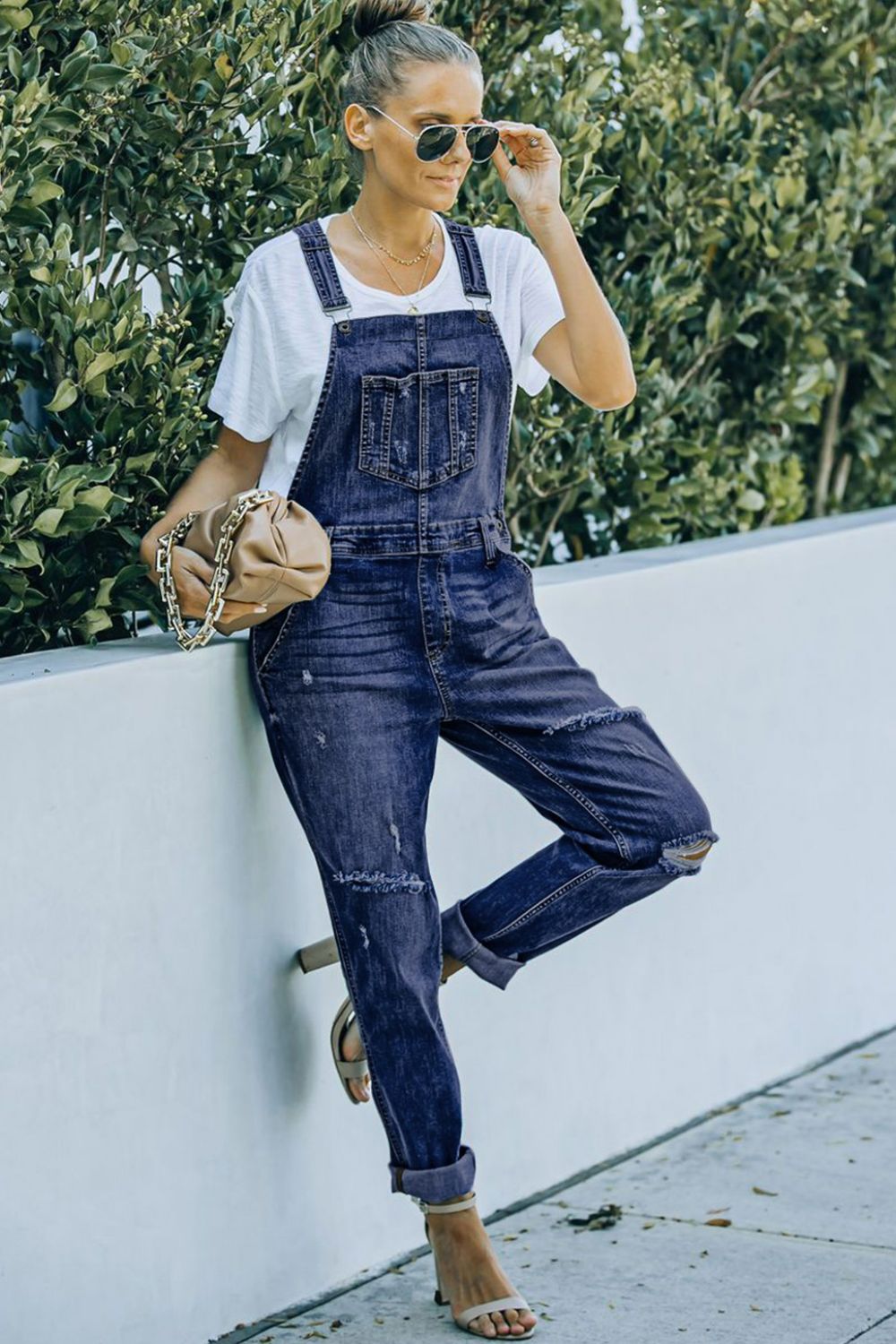 Vivian - Distressed Denim Overalls