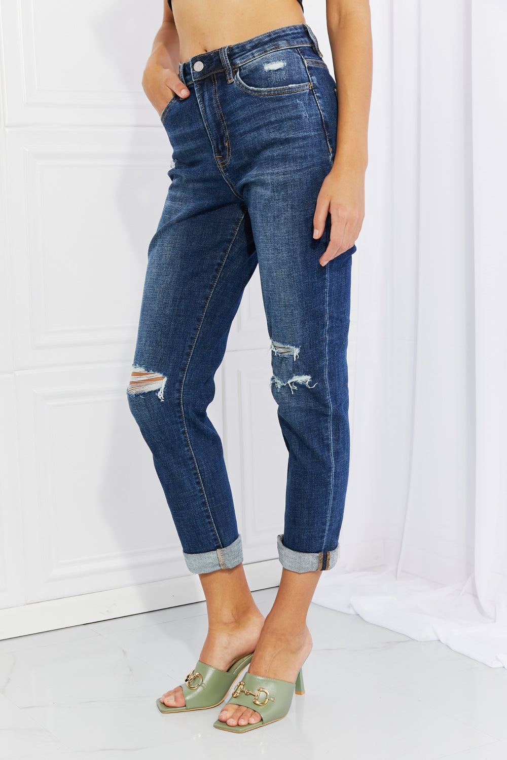 Cheri - Vervet by Flying Monkey Full Size Distressed Cropped Jeans with Pockets