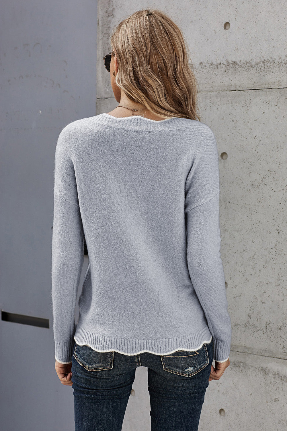 Faye - Scalloped Trim V-Neck Sweater