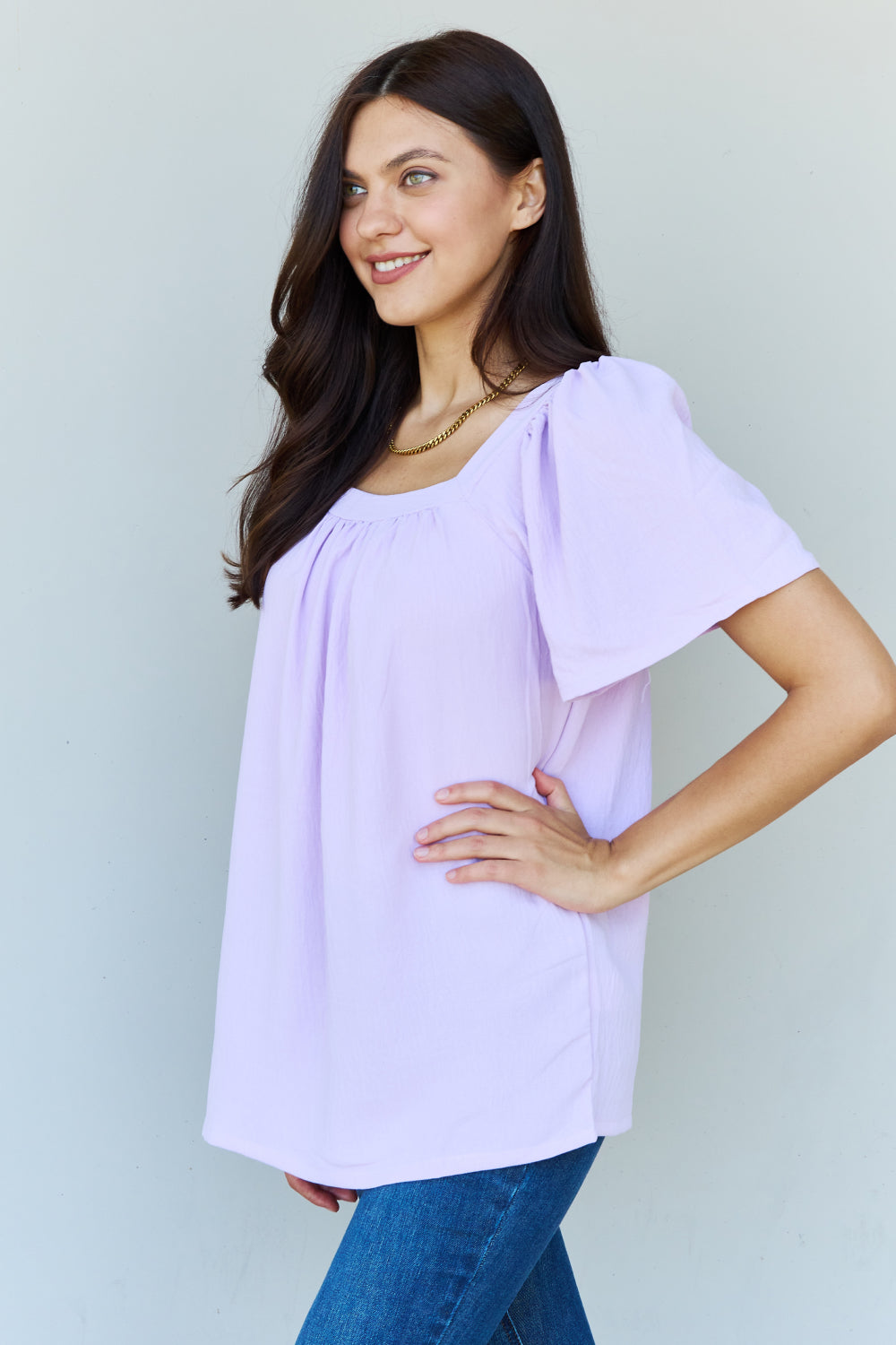 Nina - Square Neck Short Sleeve Blouse in Lavender