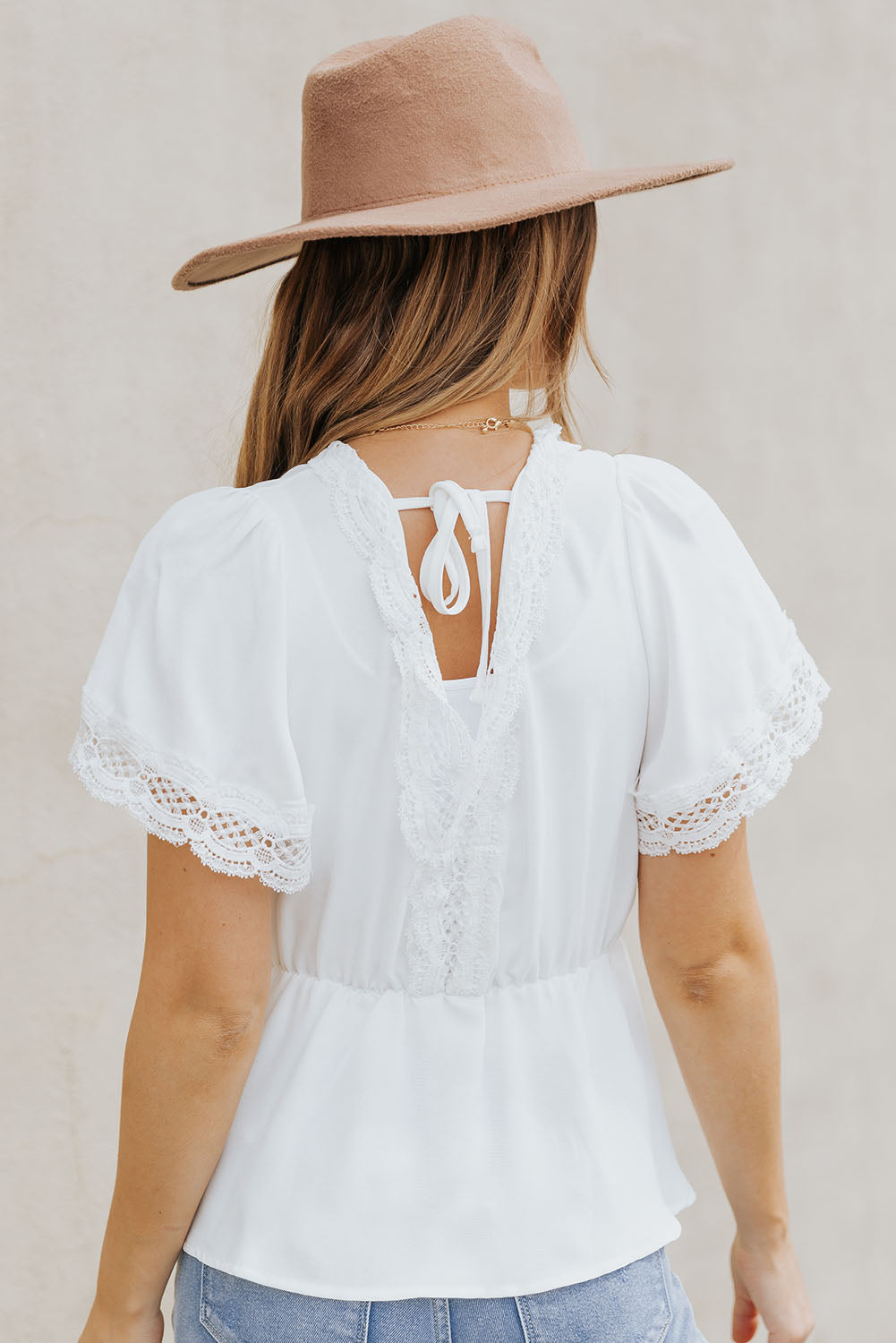 Julia - Peplum Lace Trim V-Neck Blouse