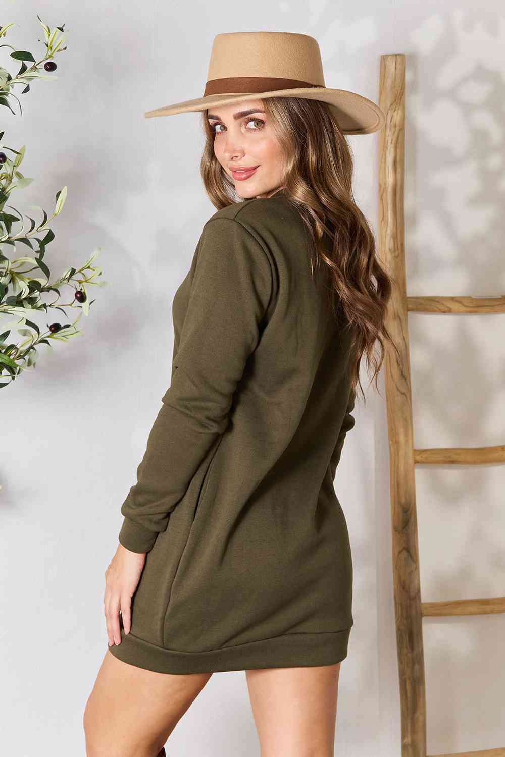 Deedee - Round Neck Long Sleeve Mini Dress with Pockets