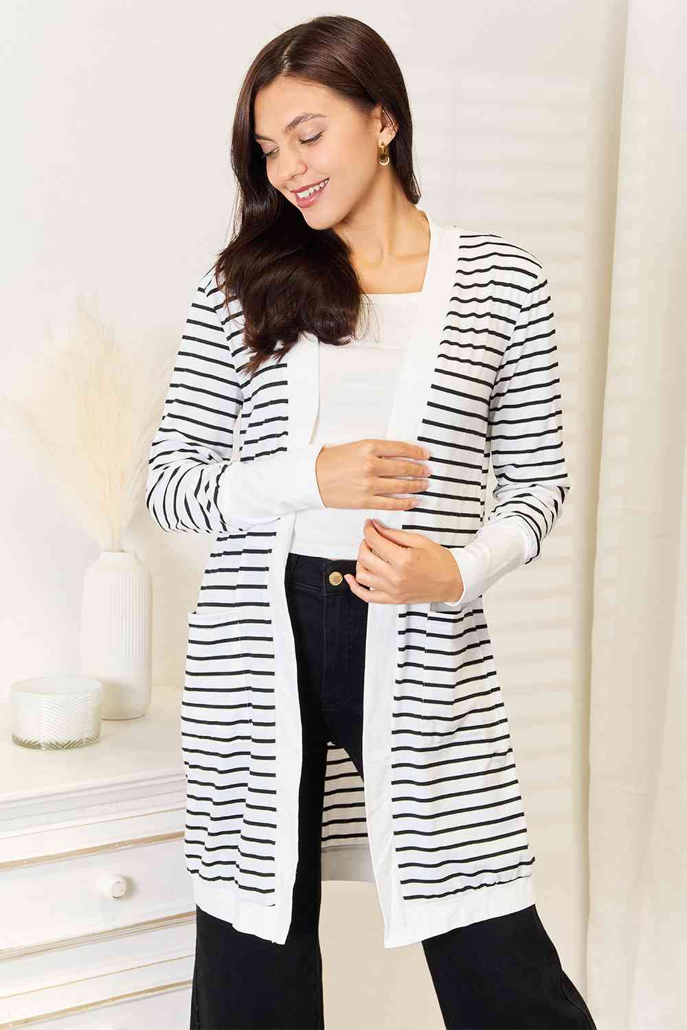 Amy - Striped Open Front Longline Cardigan