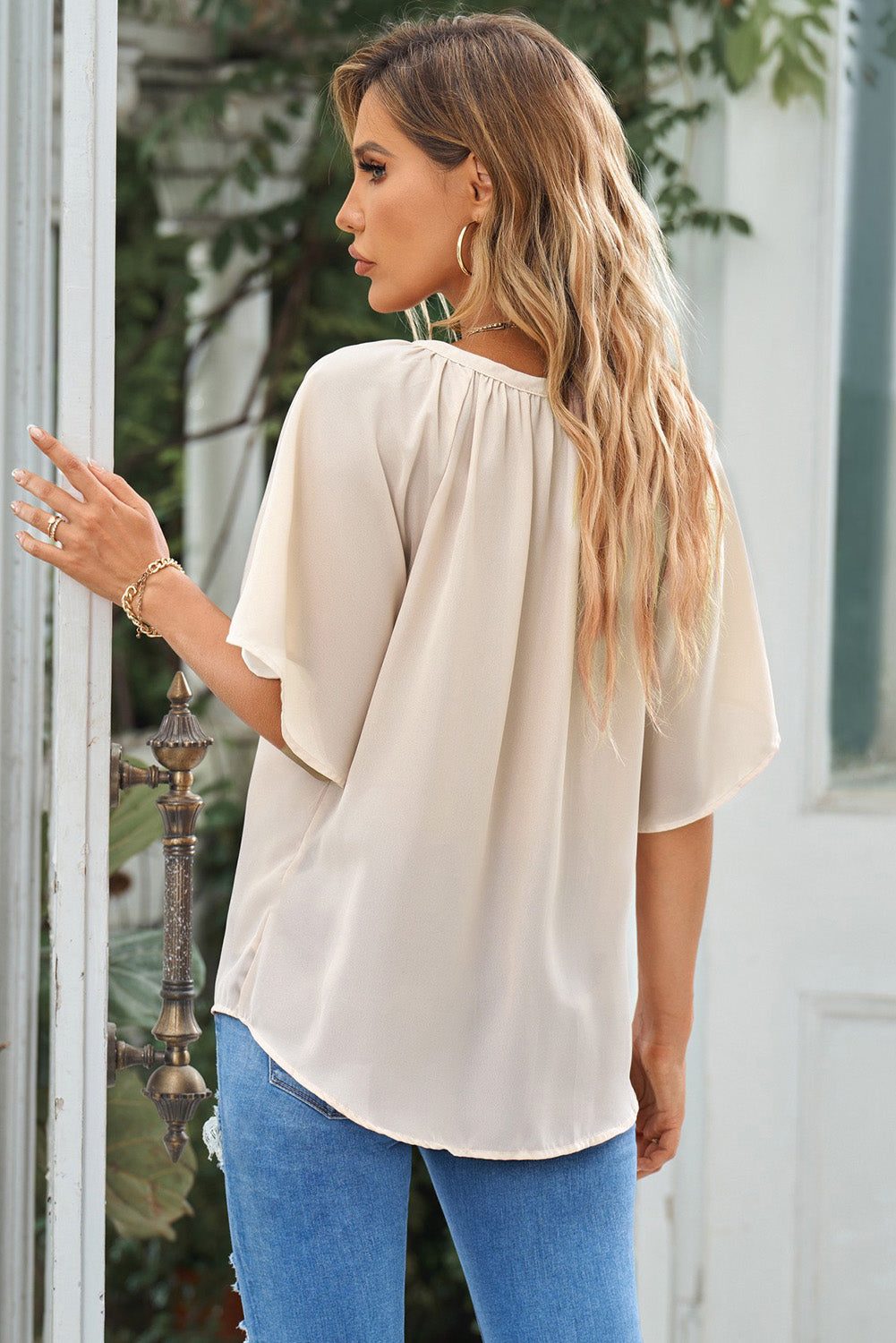 Millie - Notched-Neck Flutter Sleeve Top