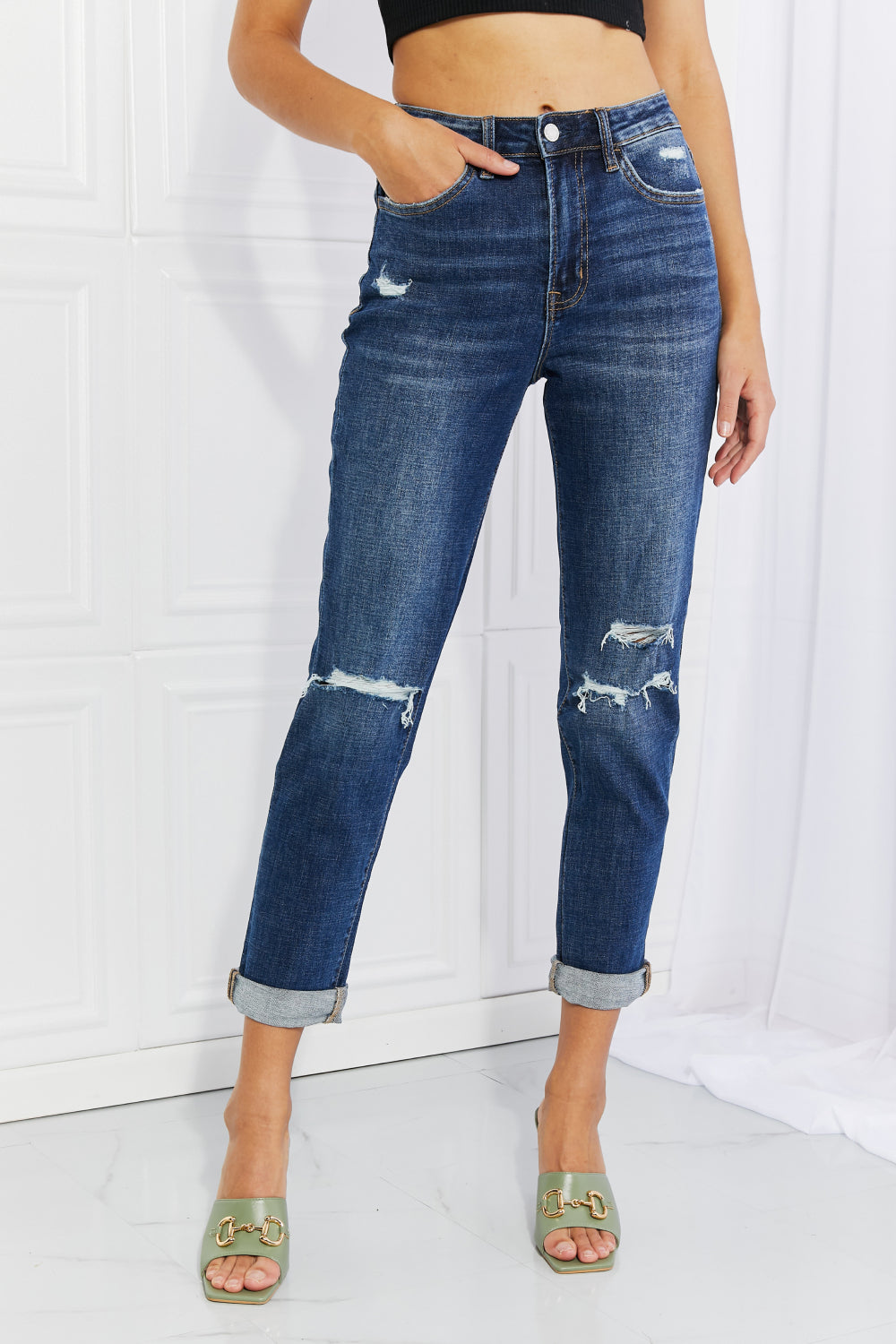 Cheri - Vervet by Flying Monkey Full Size Distressed Cropped Jeans with Pockets