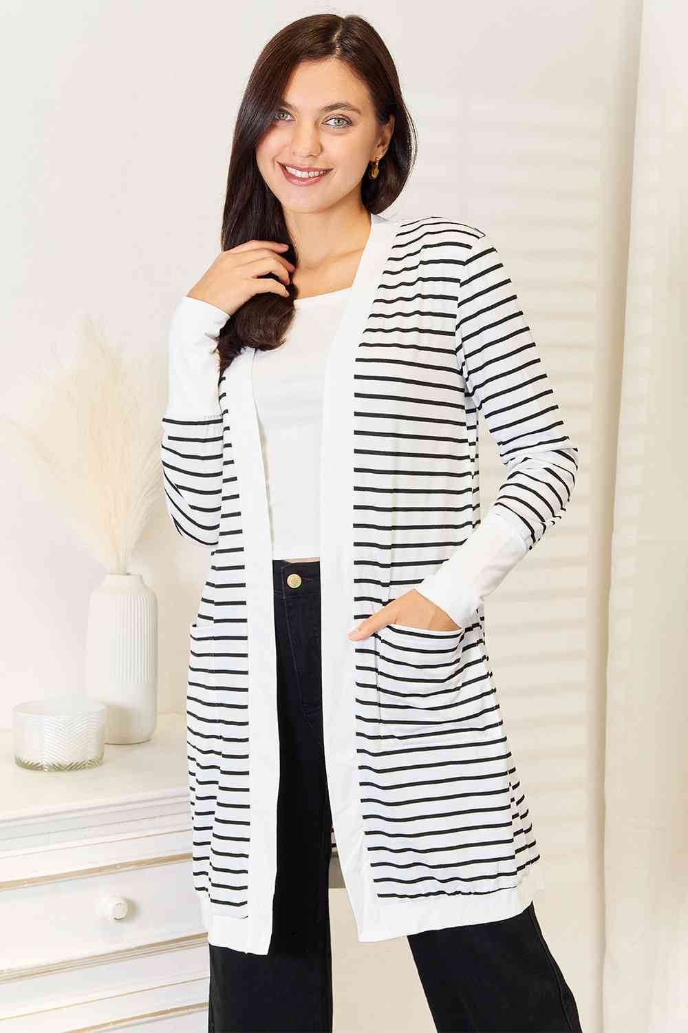 Amy - Striped Open Front Longline Cardigan