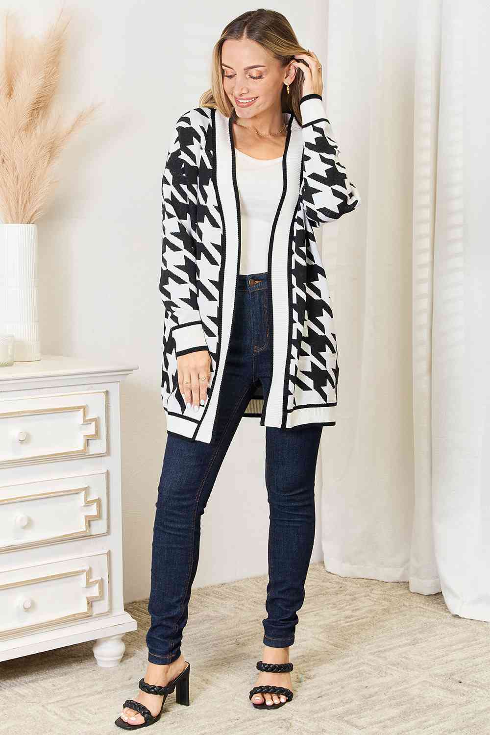 Charlie - Houndstooth Open Front Longline Cardigan