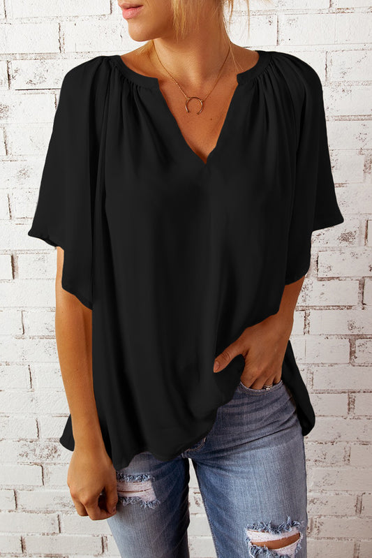 Millie - Notched-Neck Flutter Sleeve Top