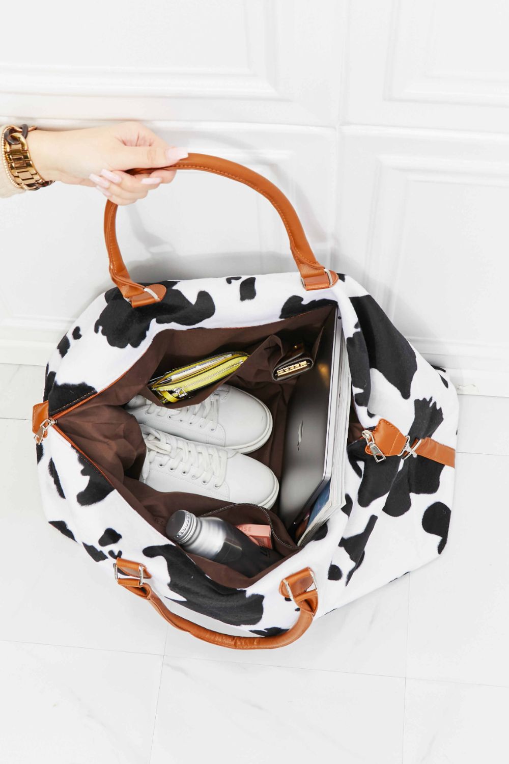 Meryl - Cow Print Plush Weekender Bag