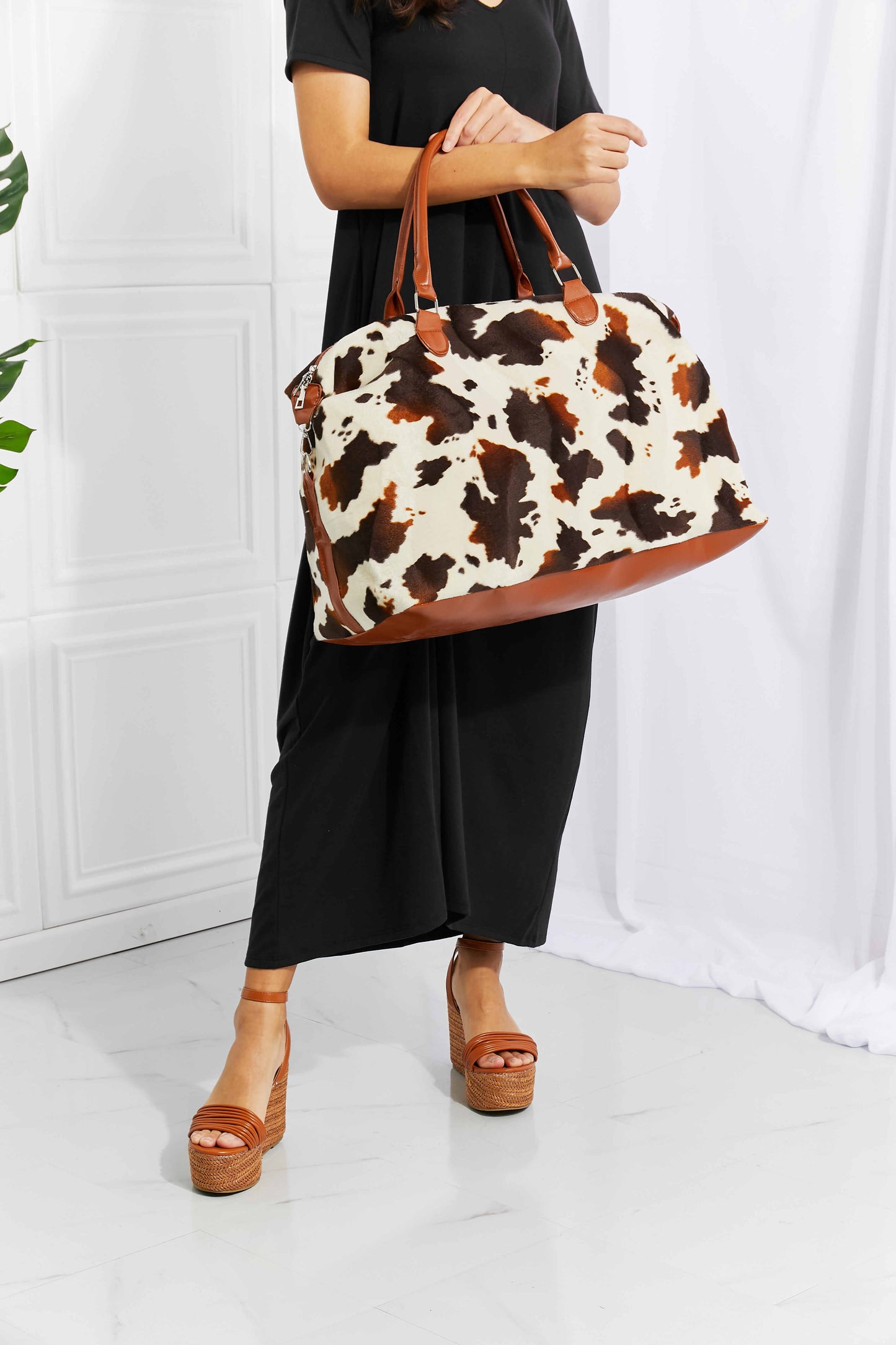 Meryl - Cow Print Plush Weekender Bag