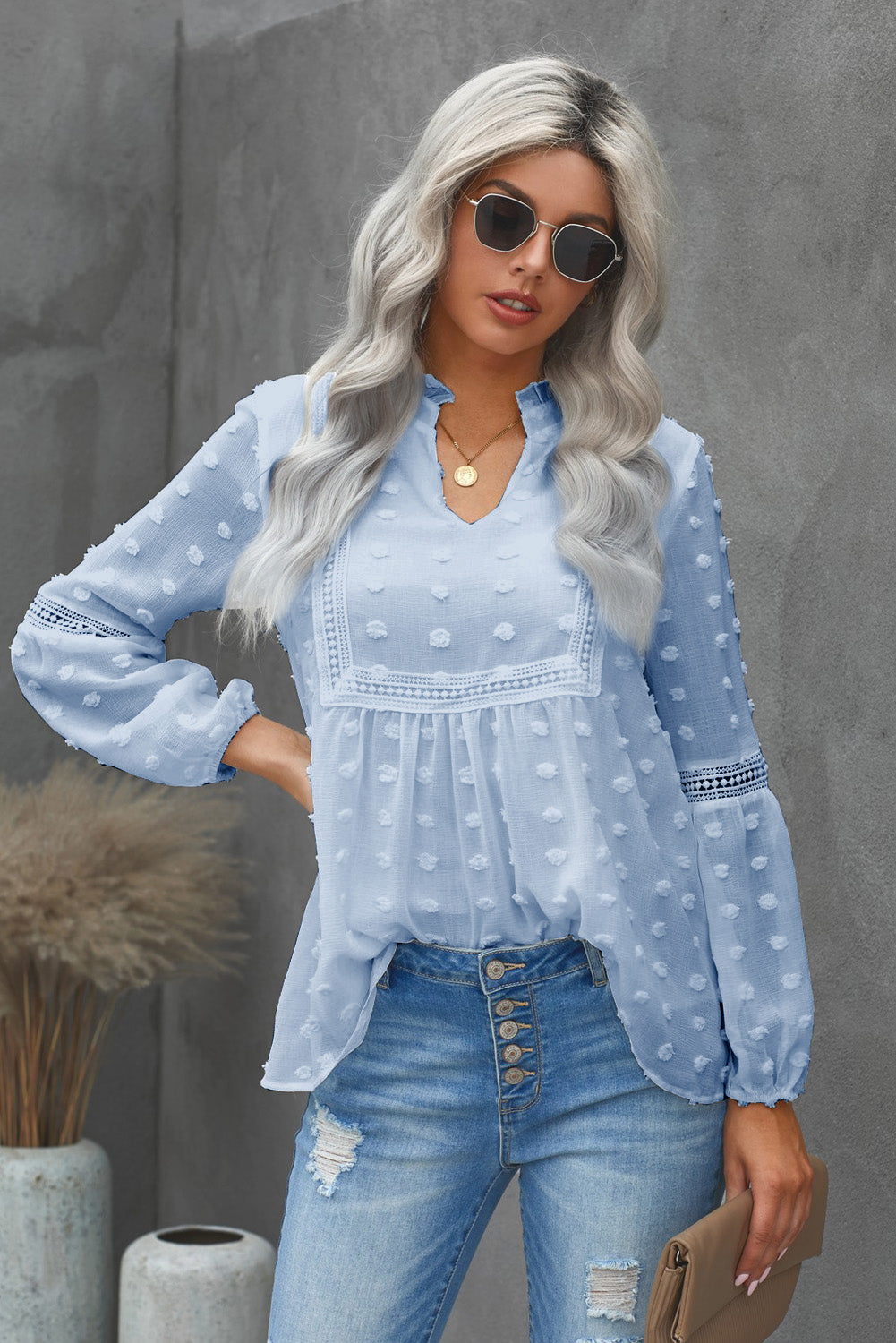 Dolly - Swiss Dot Pattern Notched Neck Blouse