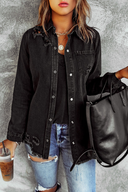 Amelia - Distressed Snap Down Denim Jacket