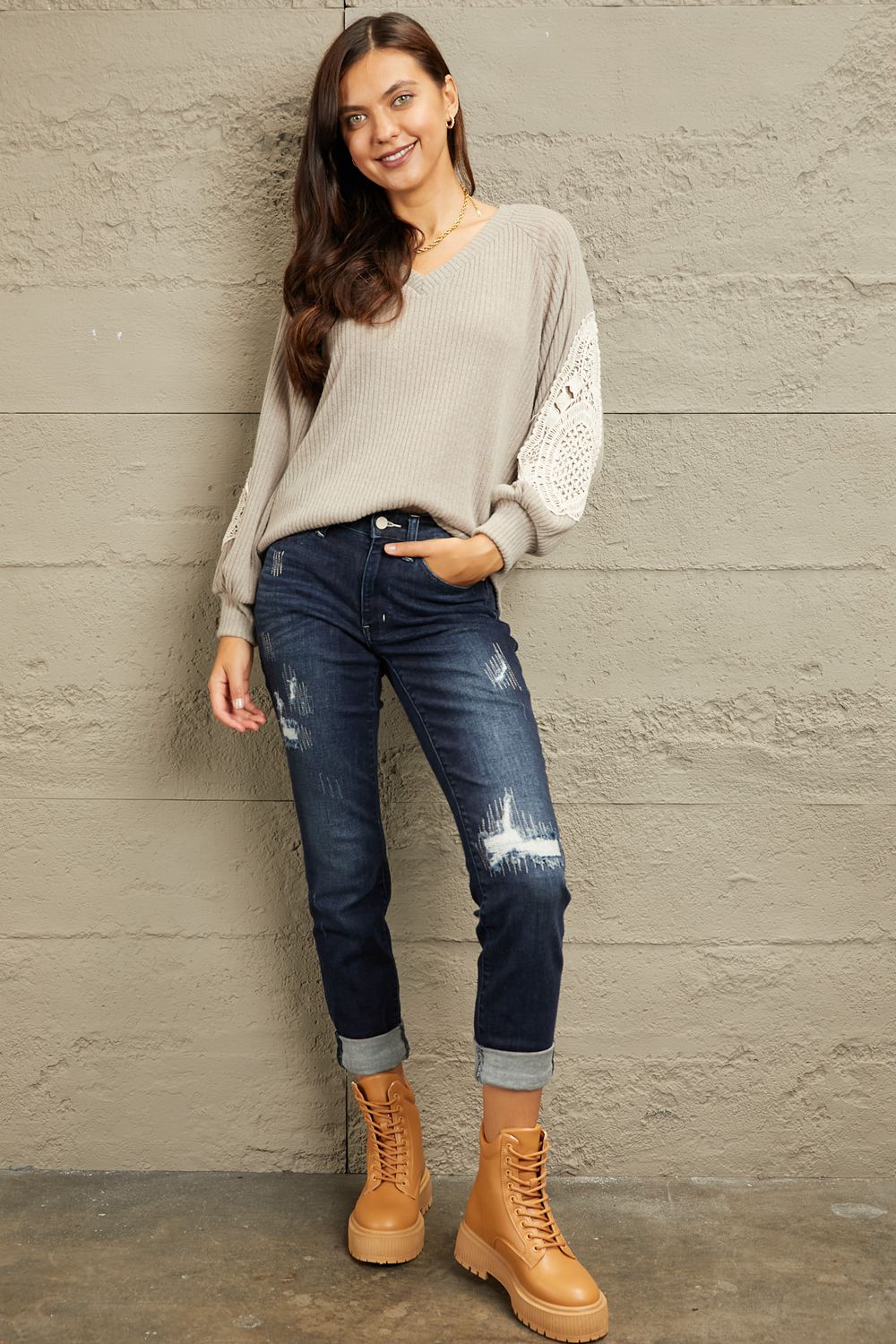 Stacy - Lace Patch Sweater (Beige)