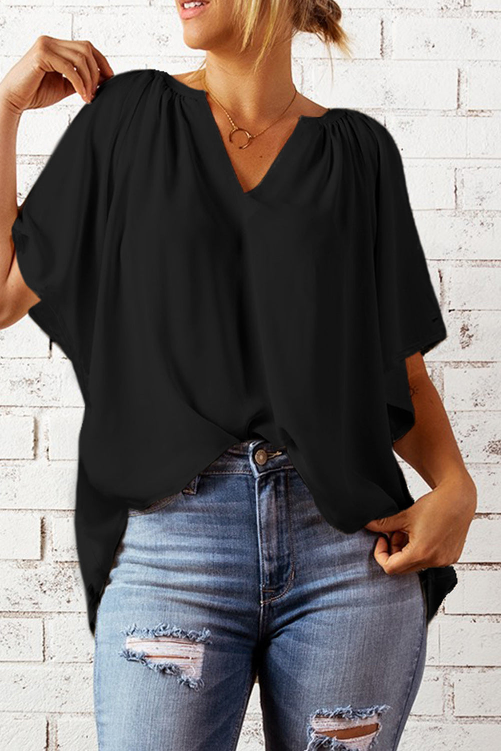 Millie - Notched-Neck Flutter Sleeve Top