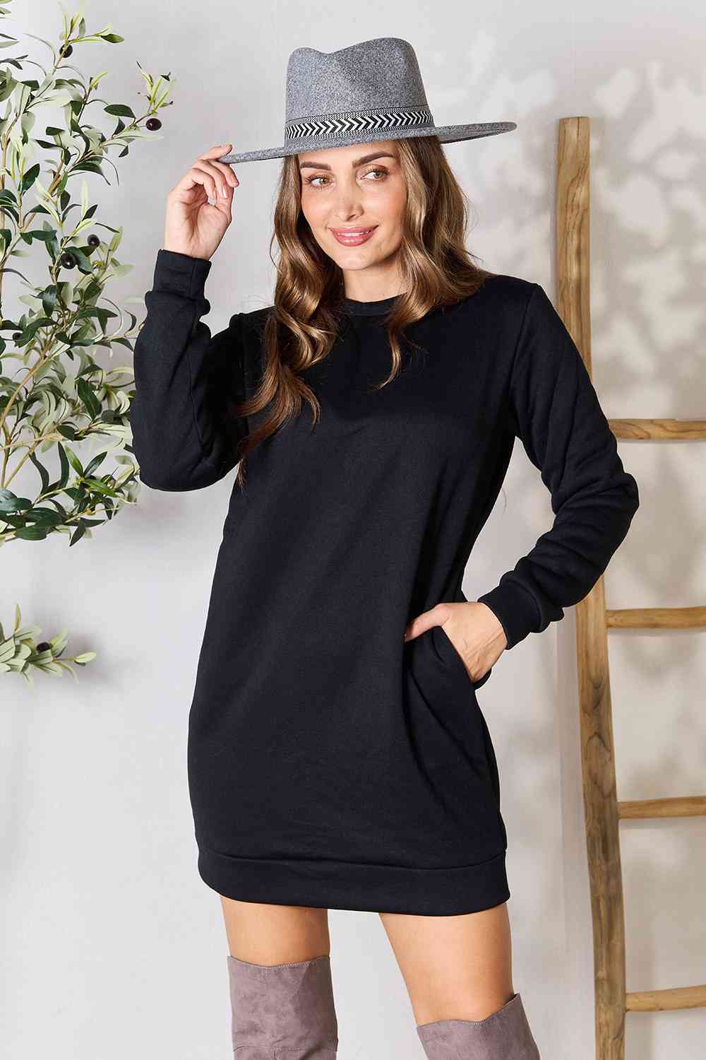 Deedee - Round Neck Long Sleeve Mini Dress with Pockets