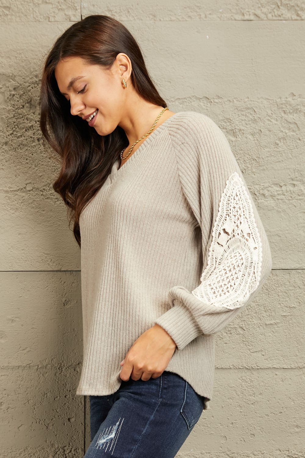 Stacy - Lace Patch Sweater (Beige)