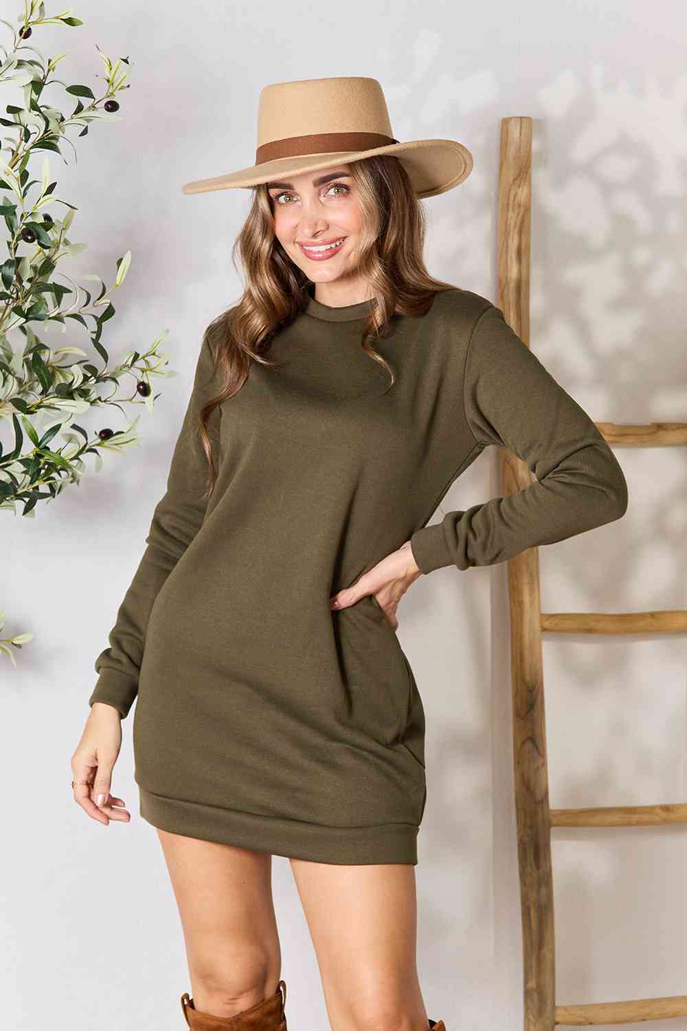 Deedee - Round Neck Long Sleeve Mini Dress with Pockets