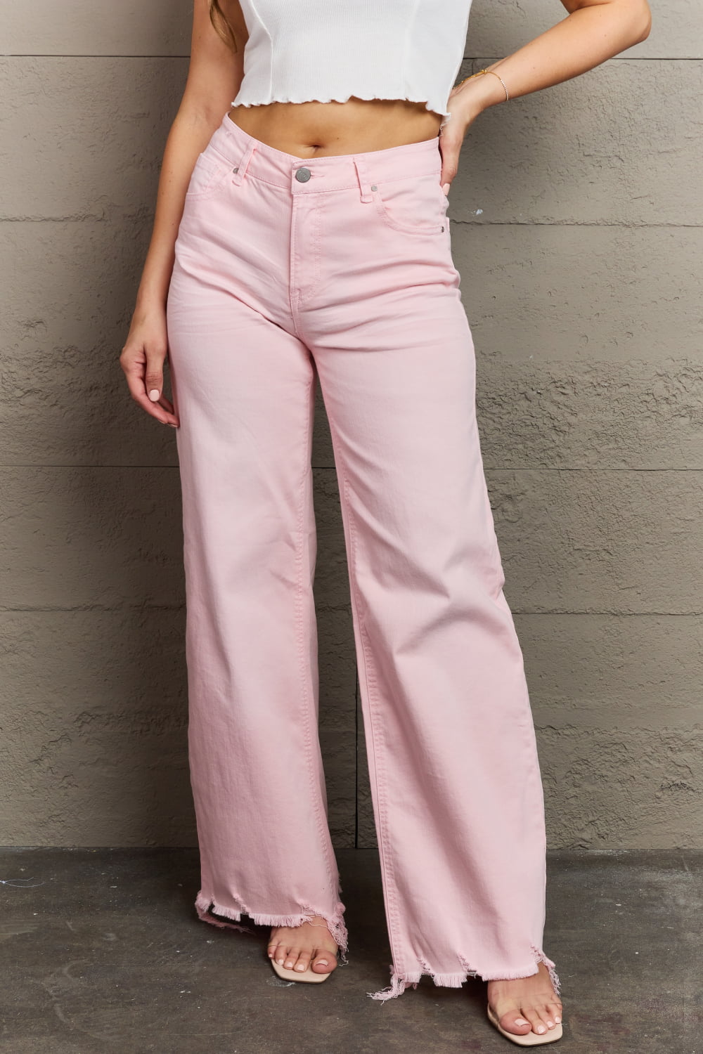 Raelene - High Waist Wide Leg Jeans in Light Pink