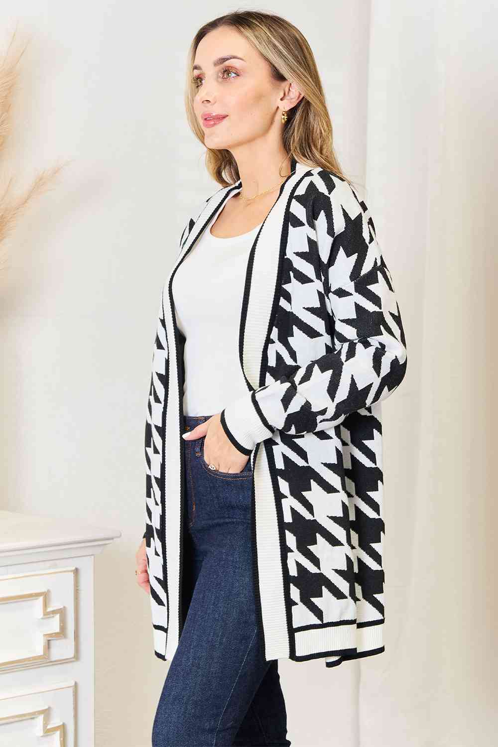 Charlie - Houndstooth Open Front Longline Cardigan