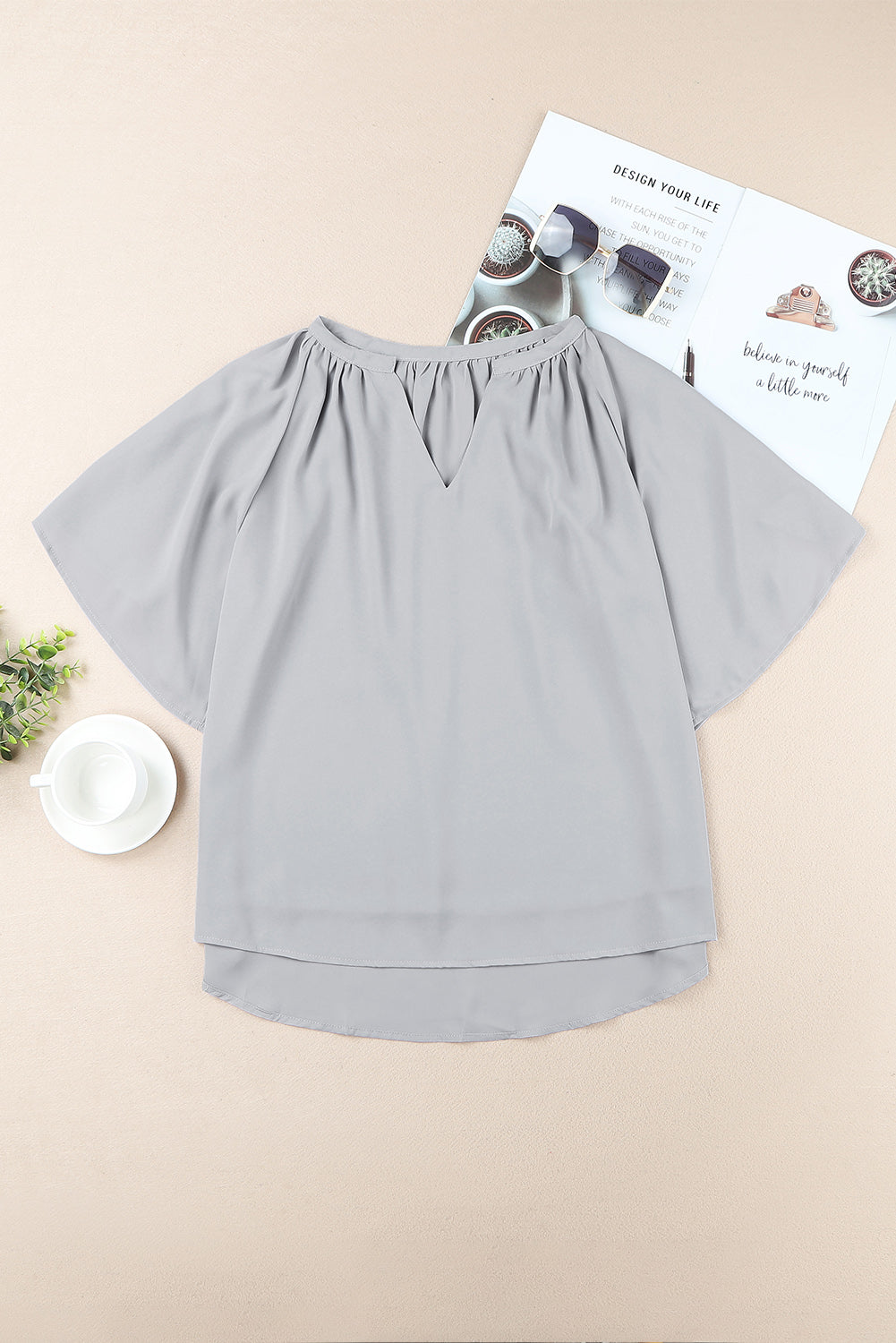 Millie - Notched-Neck Flutter Sleeve Top