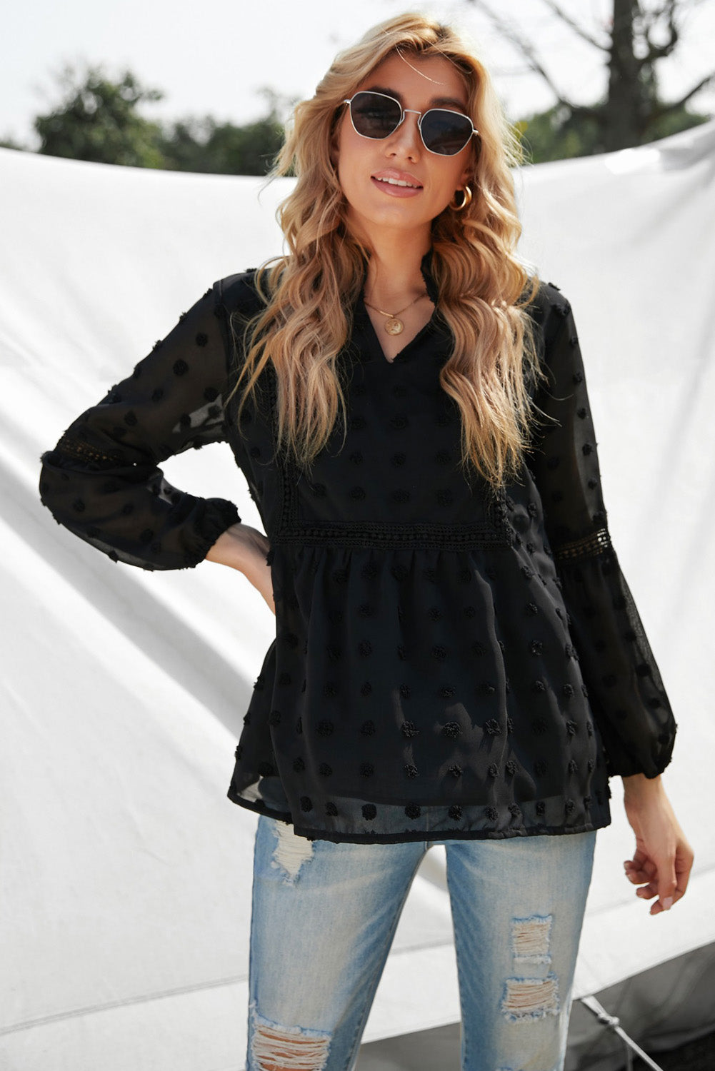 Dolly - Swiss Dot Pattern Notched Neck Blouse