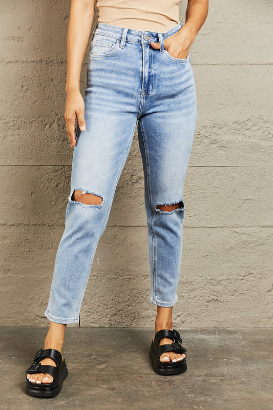 Evelyn - High Waisted Distressed Slim Cropped Jeans