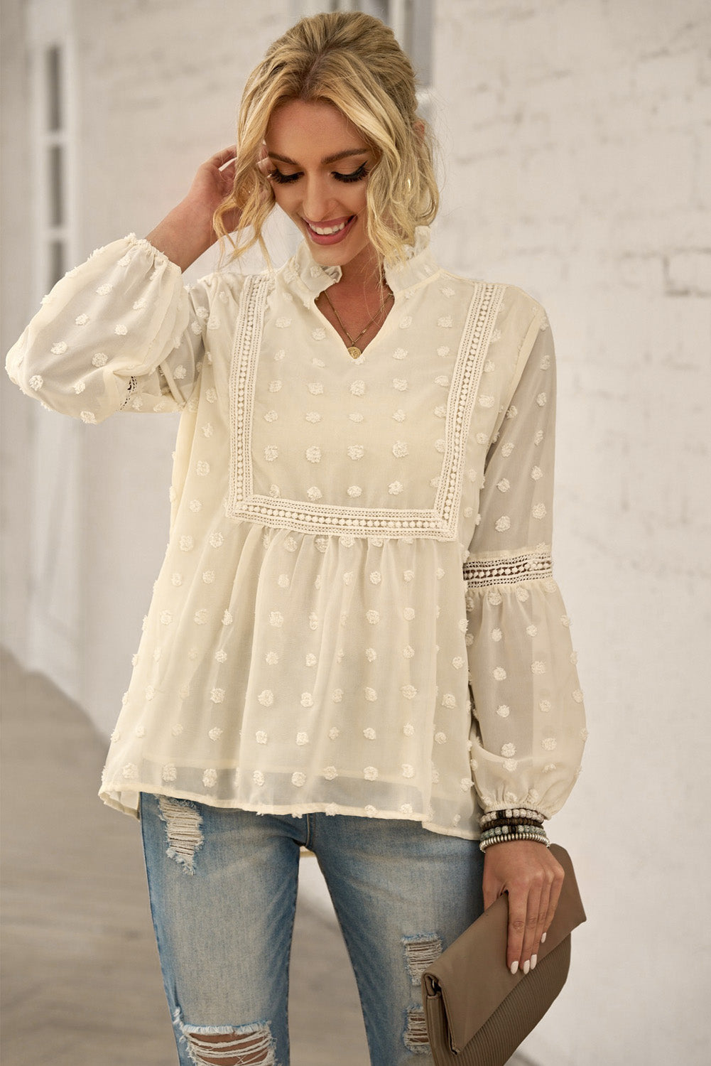 Dolly - Swiss Dot Pattern Notched Neck Blouse