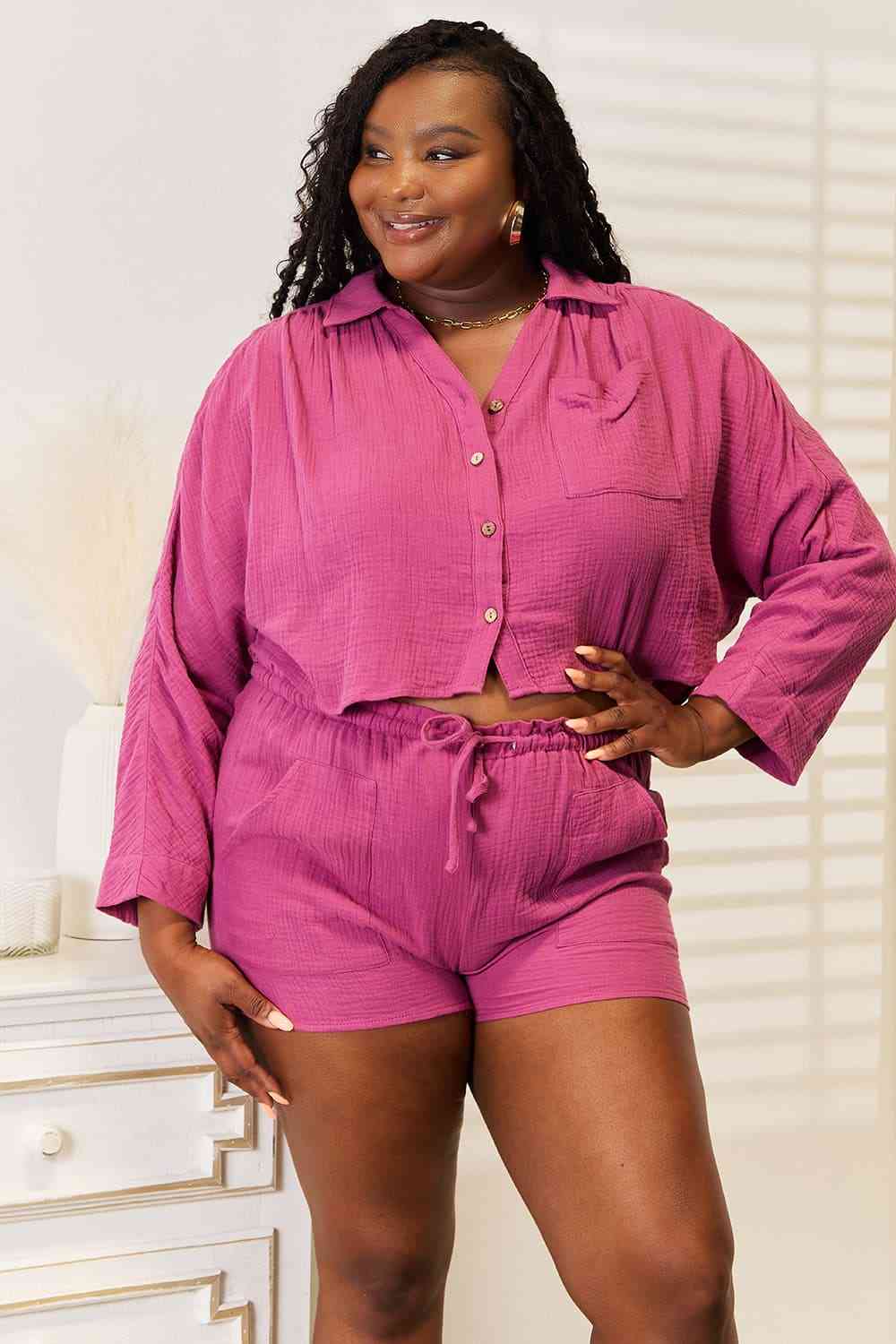 Tessa - Buttoned Long Sleeve Top and Shorts Set