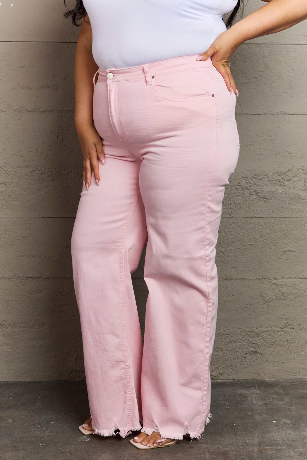 Raelene - High Waist Wide Leg Jeans in Light Pink